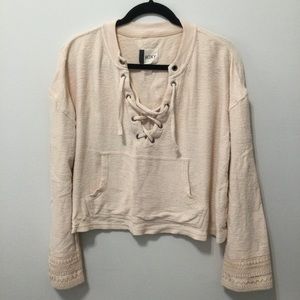 ROXY cream sweater XS lace up belle sleeves top shirt crop boho earthy festival